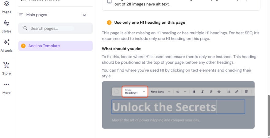 Hostinger AI SEO Assitant Headings Typing meta description as AI SEO checklist points are ticket from amber to green