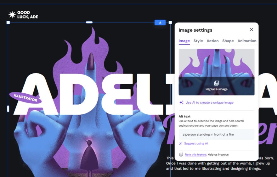 Hostinger Alt Text Image settings pop up window for selected image