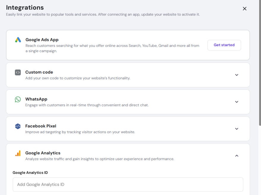 Hostinger Google Analytics Integration Integration options including Google Ads, WhatsApp, Facebook Pixel, and Google Analytics with brief descriptions and activation buttons