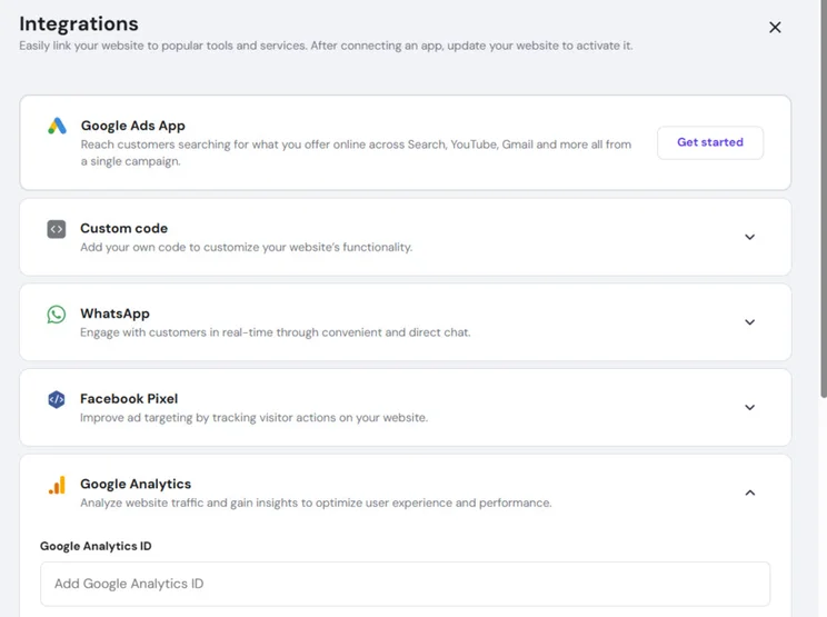 Integration options including Google Ads, WhatsApp, Facebook Pixel, and Google Analytics with brief descriptions and activation buttons