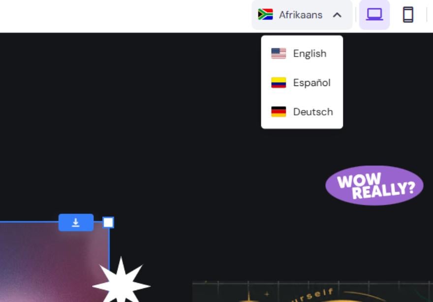 Hostinger Multlingual Support Dropdown menu displaying language options in English, Spanish, and German on a digital interface with a black background.