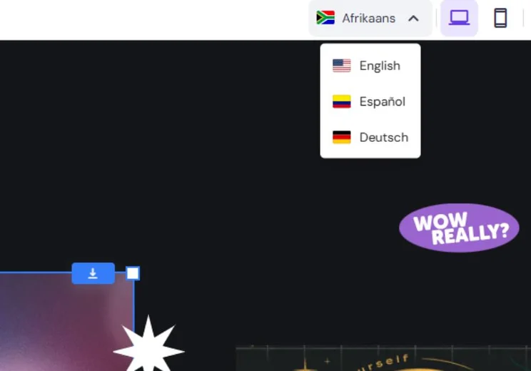 Dropdown menu displaying language options in English, Spanish, and German on a digital interface with a black background.