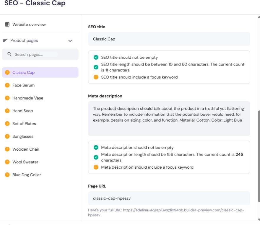 Hostinger Product Page SEO AI SEO product page interface focusing on the 'Classic Cap' product page. SEO and meta description requirements with alerts are visible
