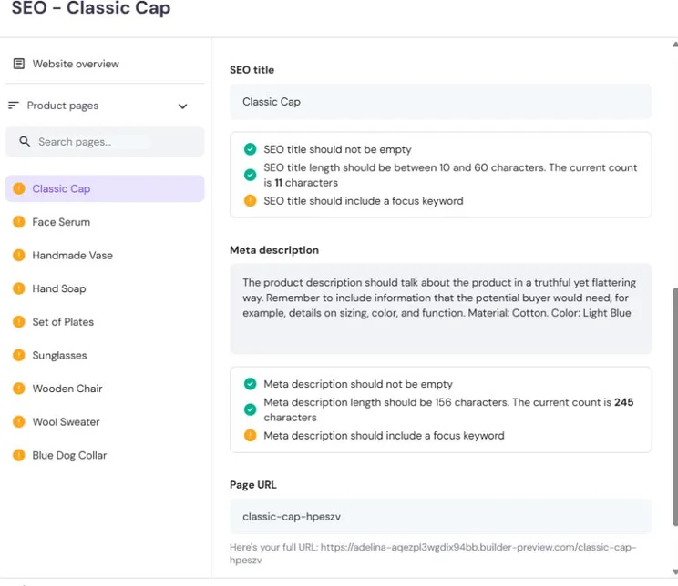 AI SEO product page interface focusing on the 'Classic Cap' product page. SEO and meta description requirements with alerts are visible