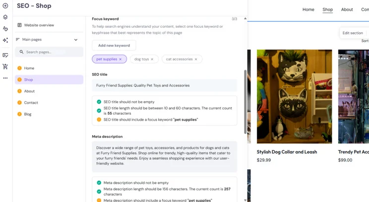 Hostinger SEO settings in the website editor for the shop page