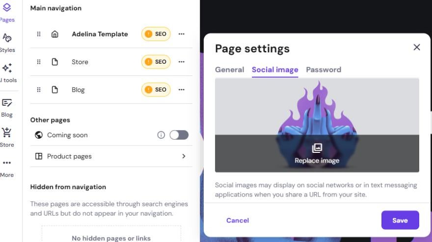 Hostinger Social Image Website dashboard showing navigation options like "Adelina Template," "Store," and "Blog," each with SEO alerts. "Page settings" dialog is open, focused on "Social image" tab with an option to replace an image. "Save" and "Cancel" buttons visible.