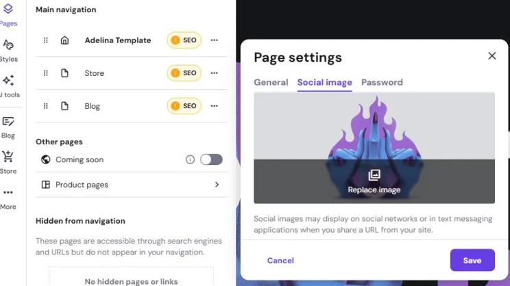 Website dashboard showing navigation options like "Adelina Template," "Store," and "Blog," each with SEO alerts. "Page settings" dialog is open, focused on "Social image" tab with an option to replace an image. "Save" and "Cancel" buttons visible.