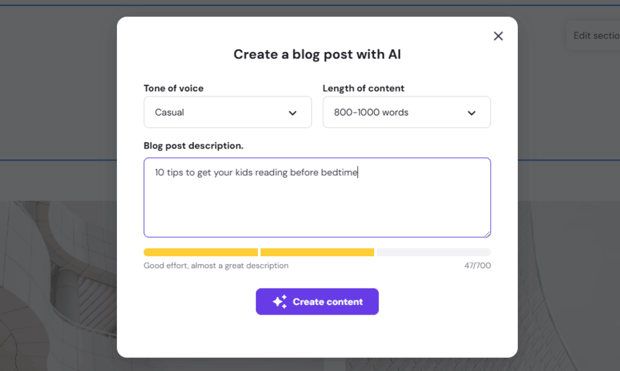 Hostinger blog post Hostinger AI blog post creator pop up