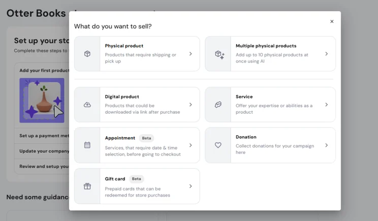 Pop up box showing different product types to add to Hostinger inventory