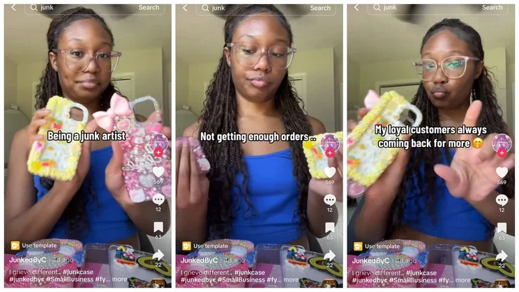 three screenshots showcasing colorful, handmade phone cases and craft items, discussing their experiences as a small business artist.