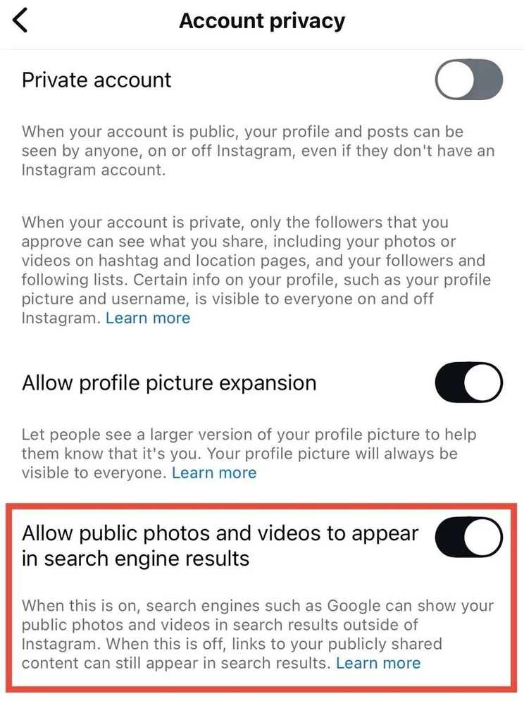 account privacy settings with a red box highlighting the relevant toggle