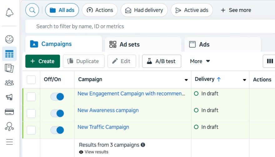 Meta AB Testing Meta Ads Manager campaigns page showing A/B Test button