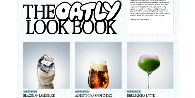 A collage featuring various types of drinks including The Oatly, Brazilian lemonade, Ashotchu (A-shot-choo), and ube matcha latte, with a colorful graphic design.