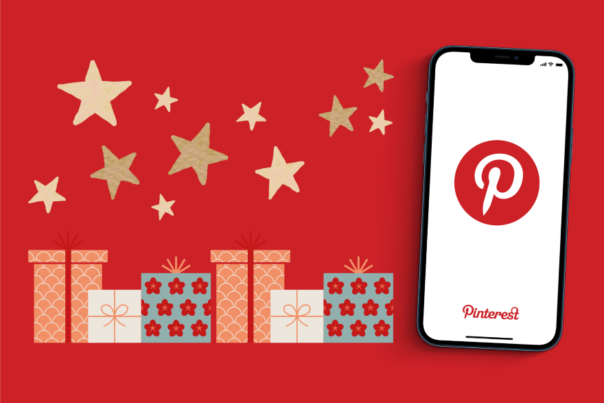 A red background features festive gifts and gold stars alongside a smartphone displaying the Pinterest logo.