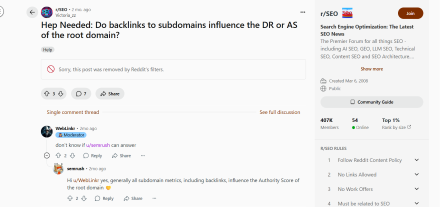 SEMrush SubReddit Comment