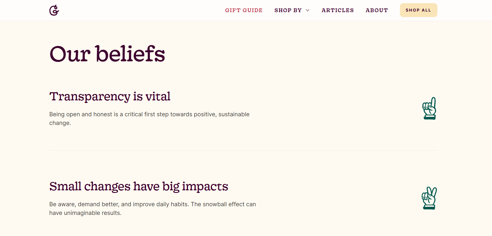 Screenshot 2025-07-14 155421 Text excerpt highlighting beliefs on transparency and small changes' impact, accompanied by playful hand icons.