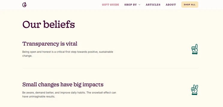 Text excerpt highlighting beliefs on transparency and small changes' impact, accompanied by playful hand icons.