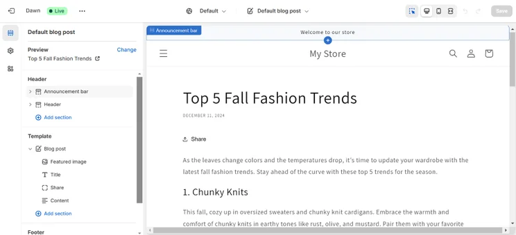 A blog post preview titled "Top 5 Fall Fashion Trends" featuring an announcement bar and content about chunky knits and seasonal style tips.