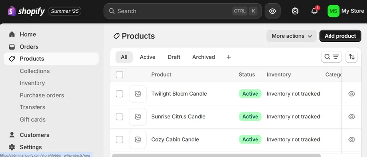 Shopify admin interface displaying a list of active products, including three candles with their statuses and inventory details.