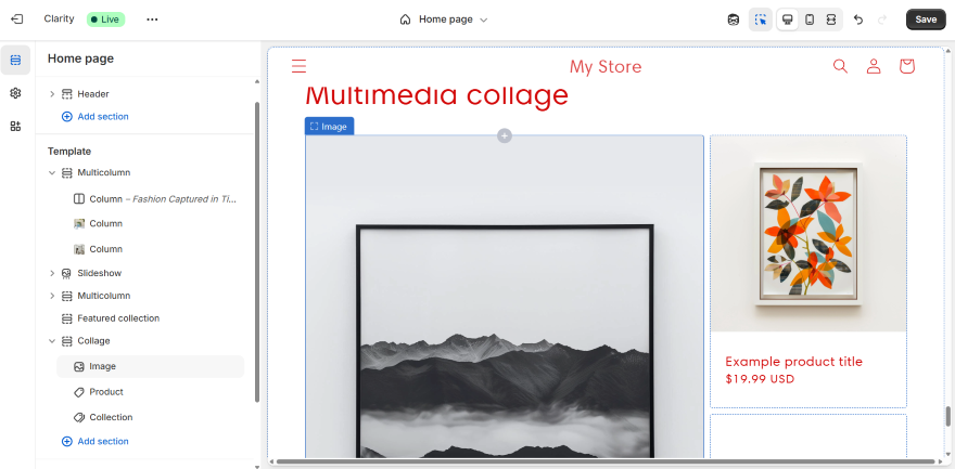 Shopify Restrictive Sections A web page layout showcasing a multimedia collage featuring a mountain landscape and a colorful floral artwork with a product listing.