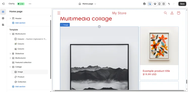A web page layout showcasing a multimedia collage featuring a mountain landscape and a colorful floral artwork with a product listing.