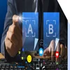 A person in a suit interacts with a digital interface displaying "A" and "B." The scene includes social media icons, like a smiley face and heart