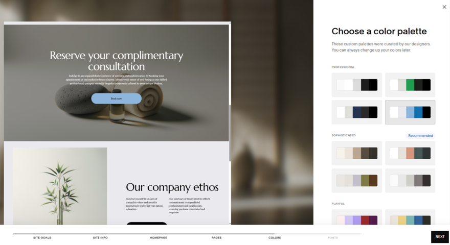 Squarespace Blueprint AI (3) Squarespace Blueprint AI step to choose a color palette