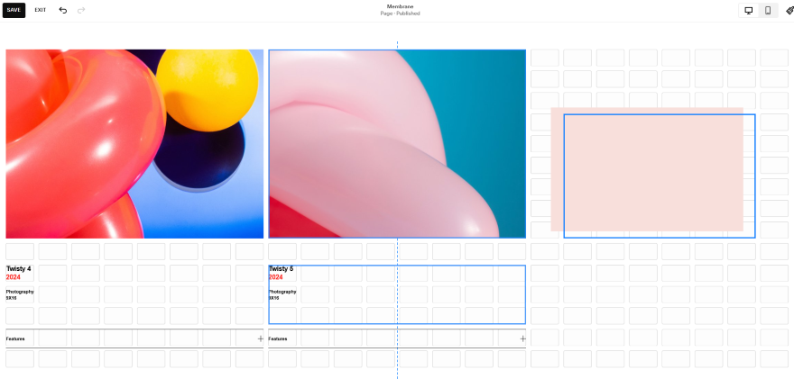 Squarespace Grid Layout Restriction Colorful abstract shapes, featuring pink, red, and yellow balloons against a blue background, with a blank white outlined space.