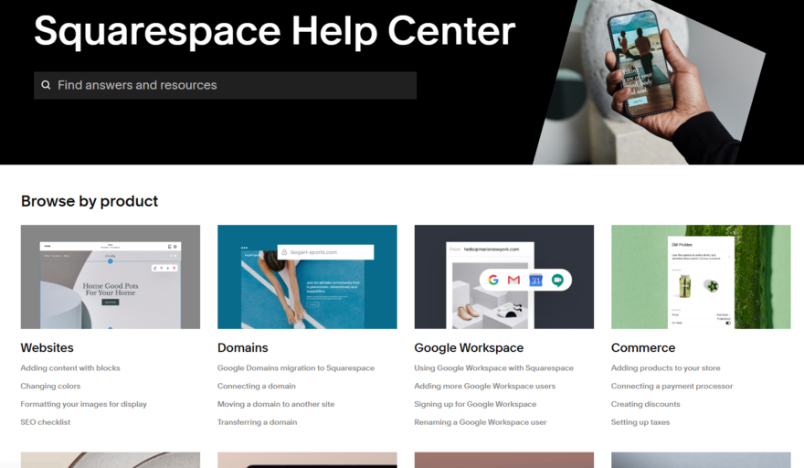 Squarespace Help Center Squarespace Help Center homepage showing popular guides and a search bar
