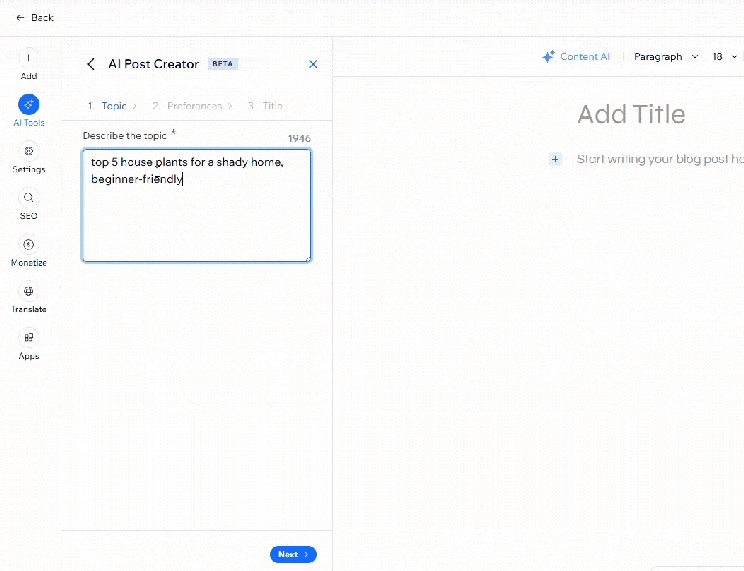 Gif showing Wix's AI blogging creator, going through the prompt steps for a post about house plants