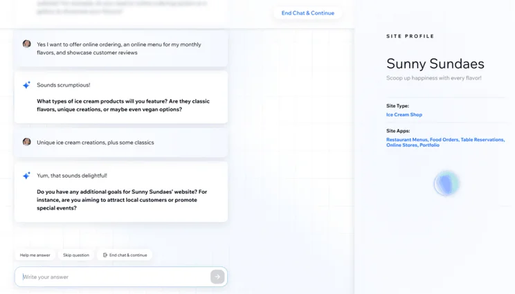Wix's AI chatbot builder building a site profile