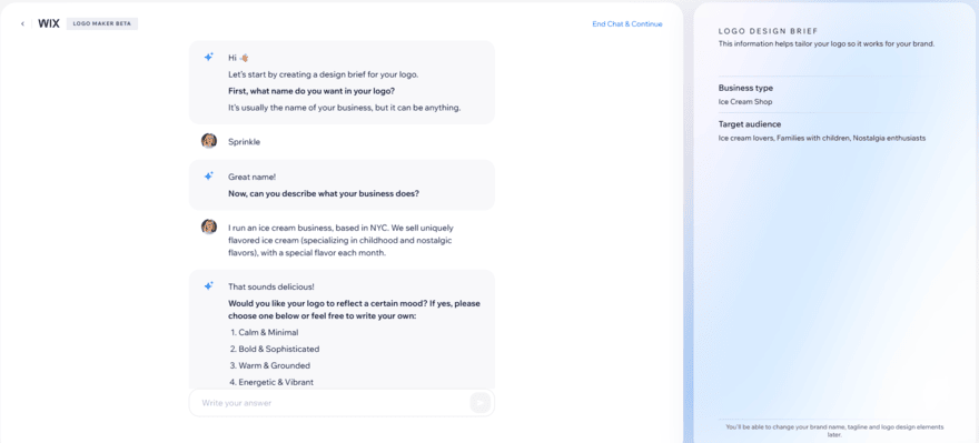 Wix AI logo maker chatbot Wix Logo Maker AI chatbot conversation to build my logo design brief