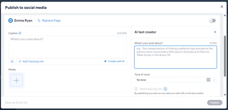 Wix AI social post creator for a LinkedIn post