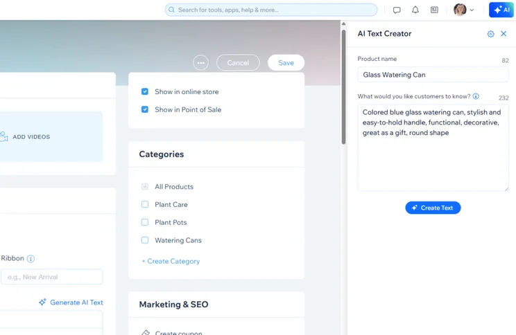 Wix's AI text creator being used to generate a product description