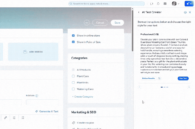 Gif showing Wix AI text creator showing refinement options for a product description