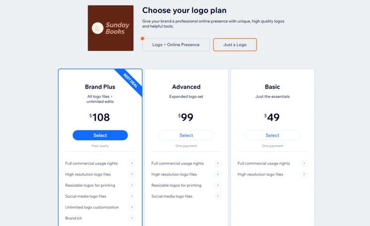 Wix logo maker packages and pricing