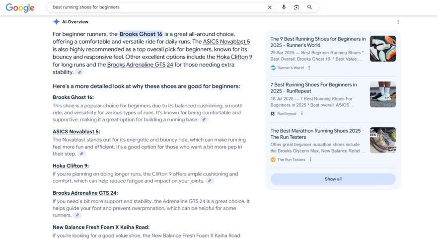 AI Visibility Example AOI Overview result for the searc h term "best running shoes for beginners". The citations are listed on the right of the page