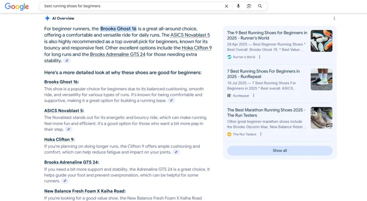 AOI Overview result for the searc h term "best running shoes for beginners". The citations are listed on the right of the page