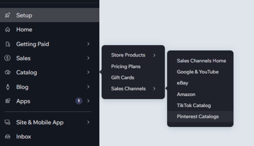 Add Pinterest Sales Channel Wix Close up of Wix dashboard tabs that lead to Pinterest catalog page