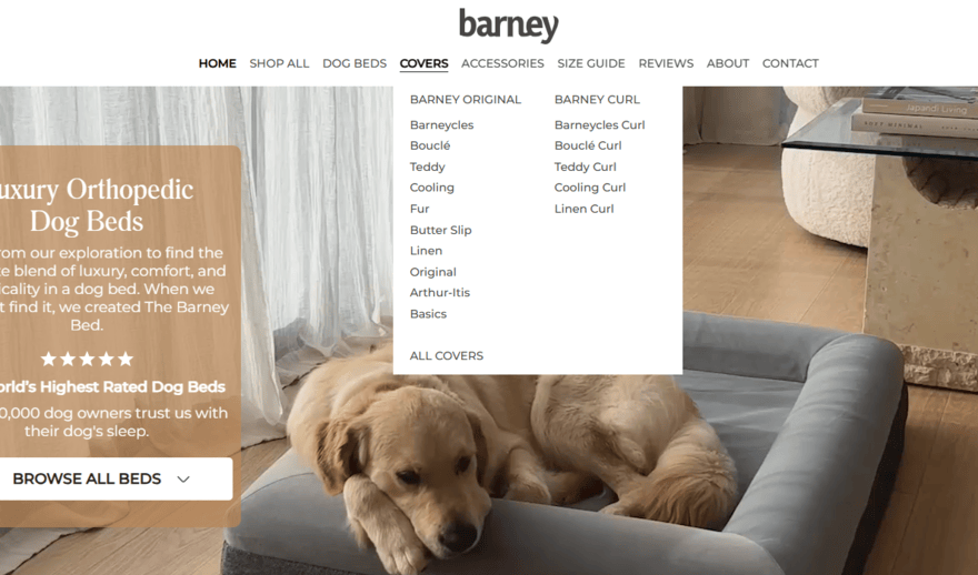 Barney navigation Barney pet bed website navigation bar