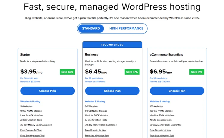 Bluehost WordPress hosting plans, fees, and features
