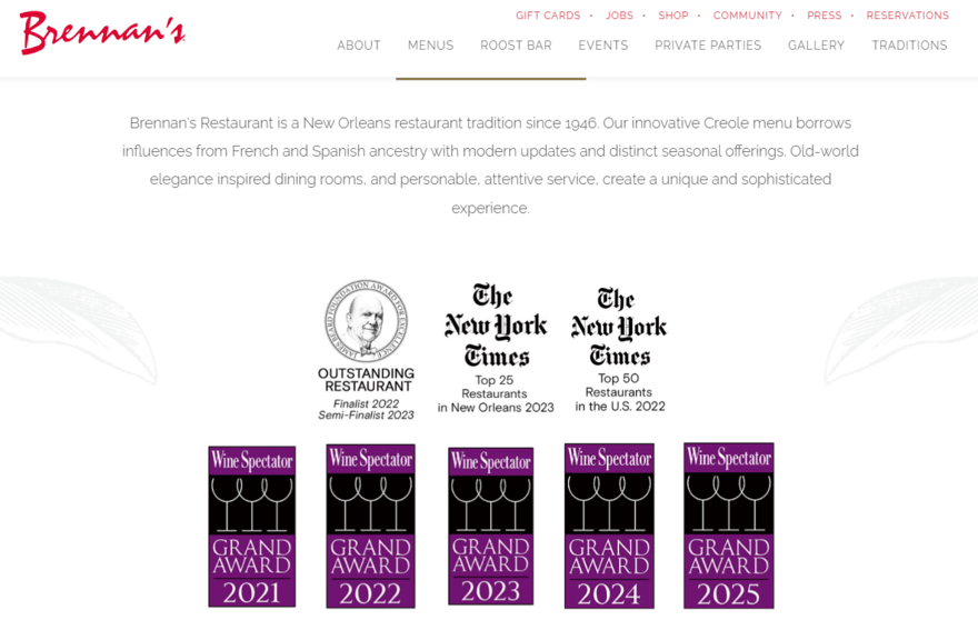 Brennan's New Orleans restaurant awards Brennan's restaurant website featuring its recent awards