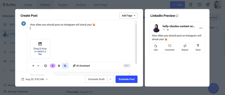 A user is composing a post in Buffer about Instagram posting frequency, with a LinkedIn preview on the right side.