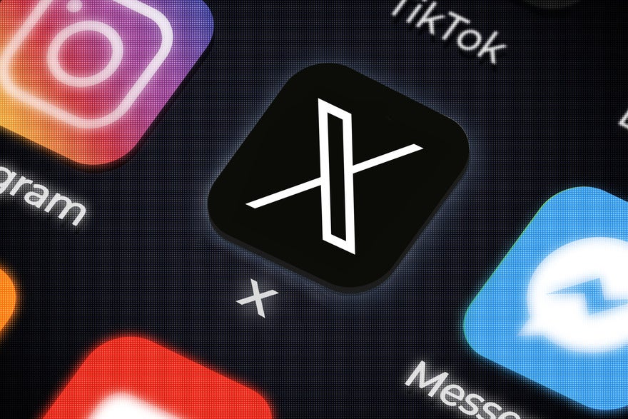 X app logo on a phone screen, with other social apps surrounding it