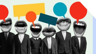 A line of people in business suits with their heads replaced with images of large mouths talking and colorful speech bubbles appearing above the mouths