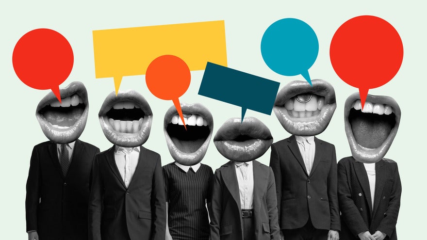 Businesses taking a stance A line of people in business suits with their heads replaced with images of large mouths talking and colorful speech bubbles appearing above the mouths