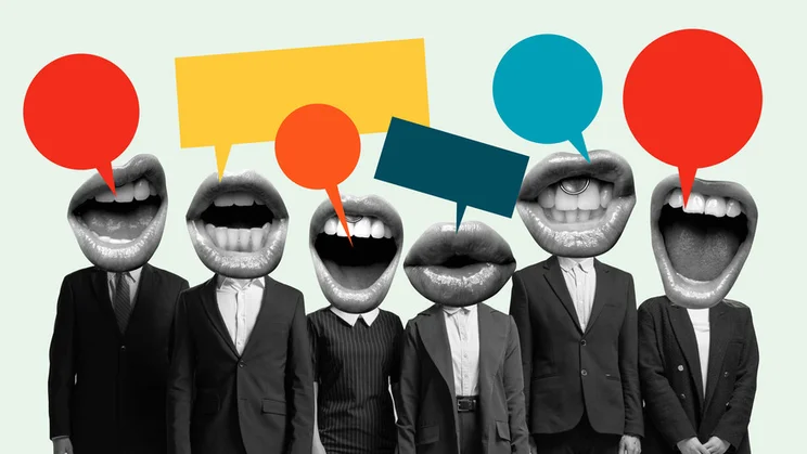 A line of people in business suits with their heads replaced with images of large mouths talking and colorful speech bubbles appearing above the mouths