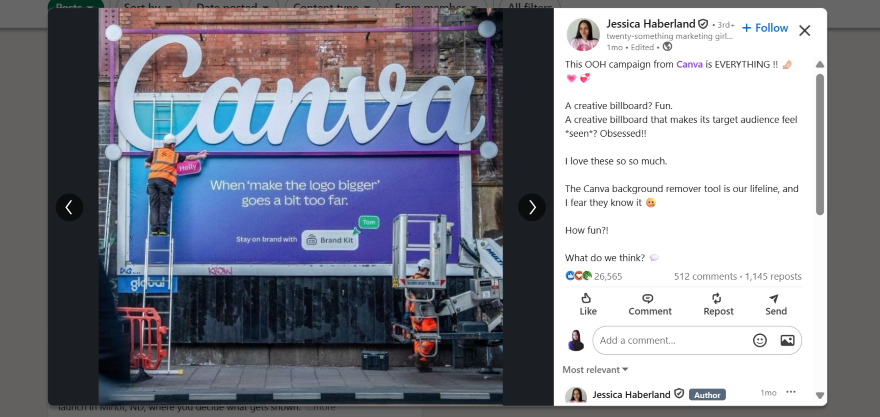 Canva Billboard Campaign A worker paints a colorful Canva billboard reading “When ‘make the logo bigger’ goes a bit too far,” highlighting creative marketing.