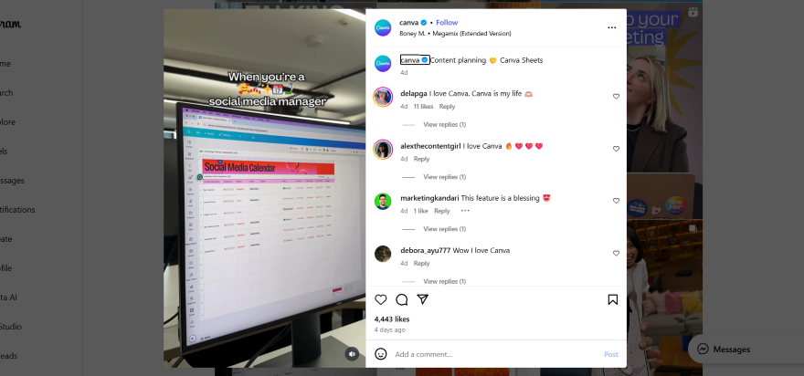 Canva Daily Poting A computer screen displays a colorful social media calendar with various tasks and dates, set in a modern office environment.