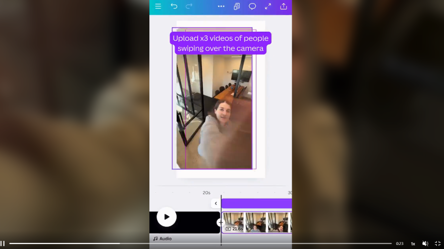 A video editing interface shows instructions to upload three videos of people swiping over the camera, set against an indoor background.